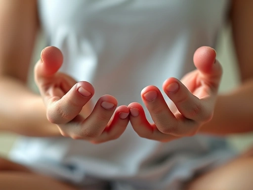 Close-up of hands in a meditative pose, soft lighting, focus on the texture of skin and calming energy.