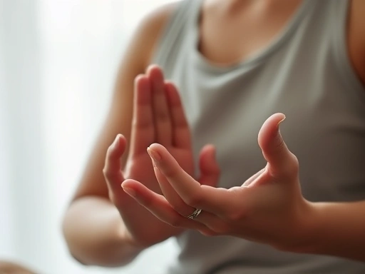 Close-up of a person's hands in a meditative pose (mudra), with soft light emphasizing peace and focus, representing deep meditation practice.