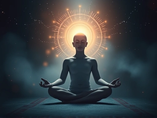 A meditating person sits calmly, surrounded by subtle glowing lights and peaceful energy, symbolizing mystical experiences during meditation.