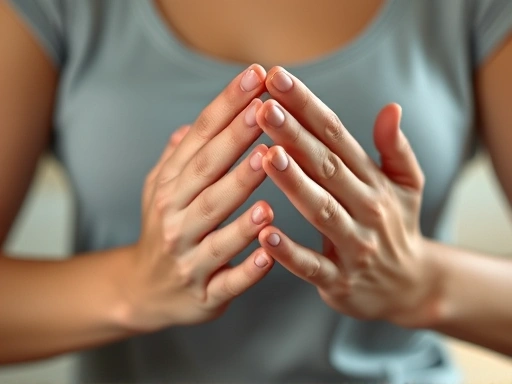 Close-up of hands gently clasped in a meditation pose, with subtle light filtering through, highlighting mindfulness and self-connection.