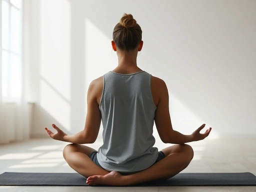 A person meditating in a serene, minimalist room with soft natural light, showcasing calm and inner peace.
