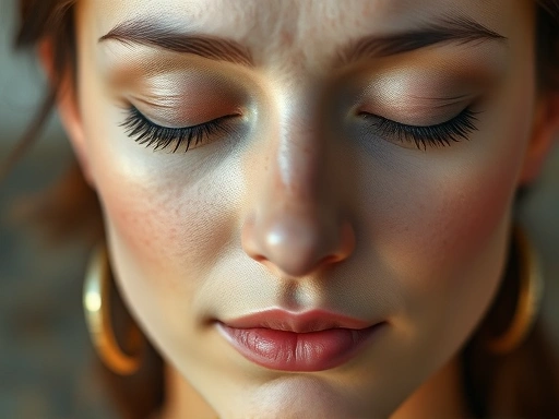 Close-up of a person's serene face while meditating, with eyes gently closed, conveying focus and tranquility.