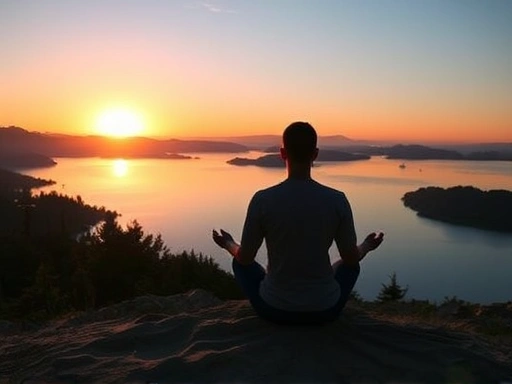 A serene landscape with a person meditating at sunrise, overlooking a calm lake, representing peace and spiritual growth.