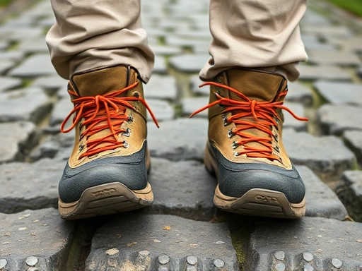 Close-up of worn hiking boots on a cobblestone path, symbolizing a long pilgrimage journey and personal endurance.