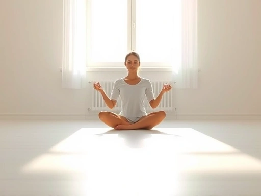 A person meditating calmly in a minimalist, serene indoor space, with soft natural light coming through a window, emphasizing peace and focus.