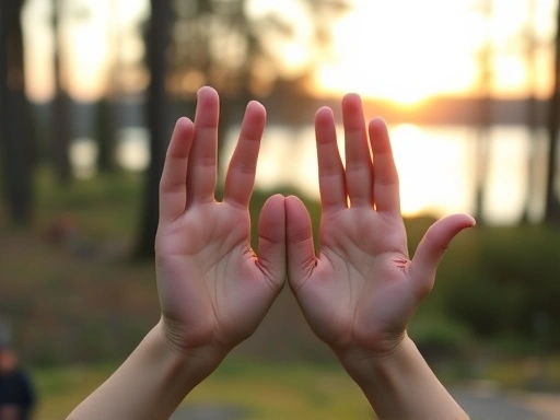 A close-up of hands in a meditation mudra, with a blurred background showing a natural outdoor environment like a forest or a calm lake at sunrise, conveying connection to nature.