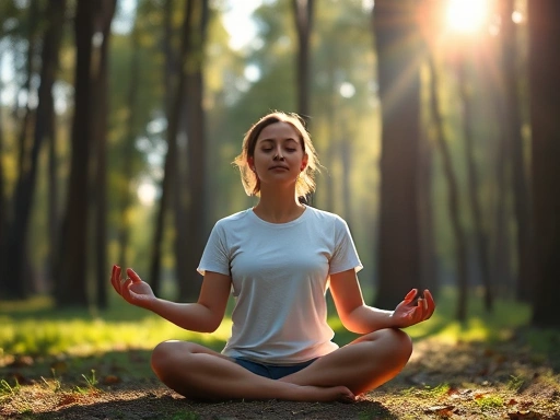 A person meditating in a peaceful forest, sunlight filtering through the trees, showcasing serene concentration.