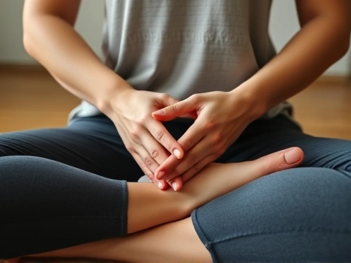 Close-up of hands resting gently on knees during meditation, emphasizing relaxation and mindfulness.