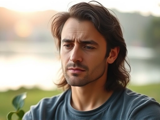A person experiencing anxiety during a meditation session, with a concerned expression and calming natural background.