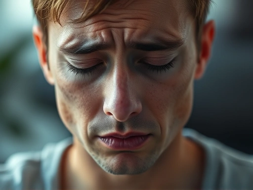 Close-up of a worried face during meditation, showing signs of discomfort and inner struggle, soft lighting.