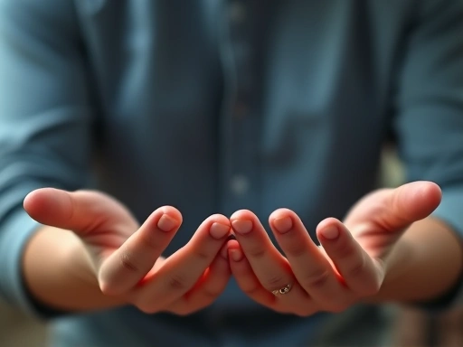 Close-up of hands in meditation mudra, with subtle, ethereal light effects, representing inner peace, mindfulness, and the journey of quitting addiction through meditation.