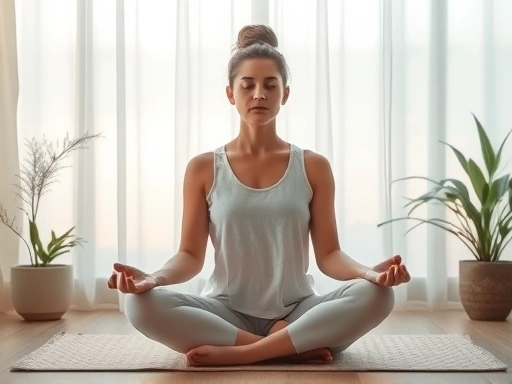 A person peacefully meditating in a serene environment, surrounded by calming colors and soft lighting, focusing on mindfulness and introspection.