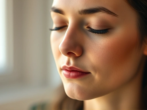 Close-up shot of a person's face during a guided meditation session, showing a calm and focused expression with gentle, natural lighting.