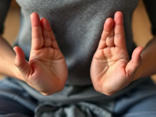 Close-up of a person's hands in a meditative pose, with a focus on the texture and details of their skin and clothing.