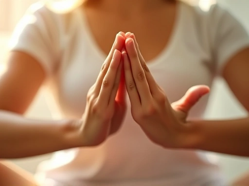 A close-up of hands gently placed in a meditation mudra, with a soft blur of light in the background representing inner peace and growing self-esteem.