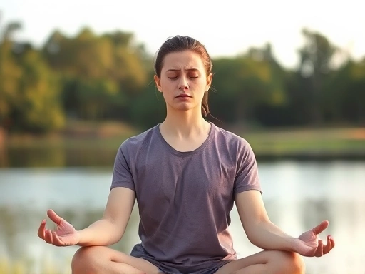 A person meditating calmly in a serene natural setting, with a subtle hint of internal struggle or discomfort in their expression, suggesting the unseen side effects of meditation and potential challenges.