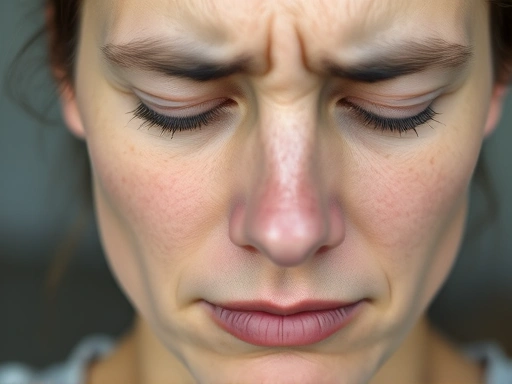 A close-up of a person's face showing subtle signs of stress or deep contemplation during meditation, with furrowed brow and slightly tensed muscles, conveying internal mental effort and potential side effects.