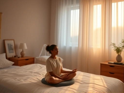 A serene bedroom with a person meditating peacefully on a cushion, soft warm light, indicating relaxation and preparation for sleep.