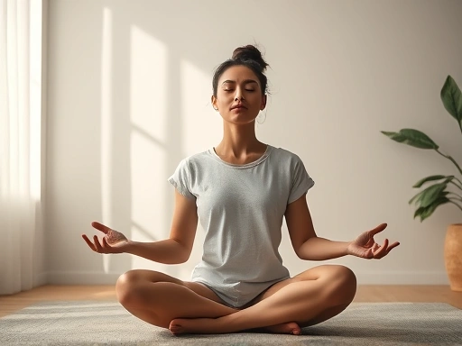 A person calmly meditating in a peaceful, bright room, with a subtle aura of resilience, symbolizing inner peace for quitting smoking.