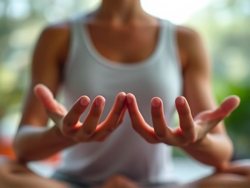 Close-up of hands in a meditative pose, with a background blur of a serene environment, focusing on mindfulness and deep breathing.