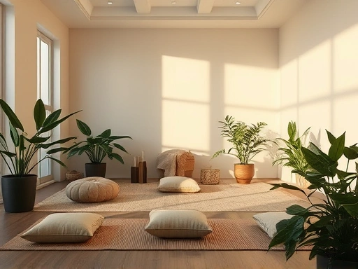 A serene meditation room with soft lighting, cushions, and plants, focus on tranquility.