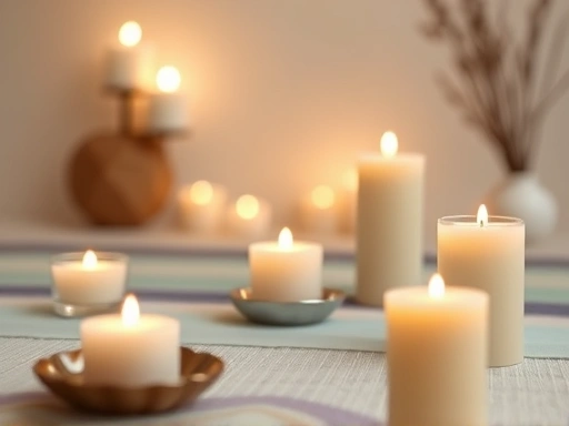 Close-up of a meditation space with candles, incense, and a calming color scheme.