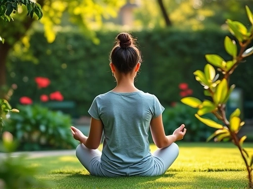 A serene person meditating in a peaceful garden, with soft, natural light and focus on mindfulness.