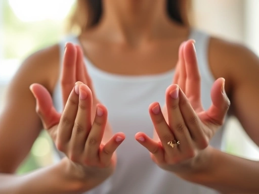 Close-up of hands in a meditation pose, focusing on calm breathing and inner peace with natural light.