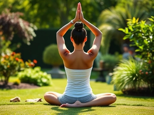 A serene person doing gentle stretching before meditation in a peaceful garden, sunlight, SEO: meditation stretching.