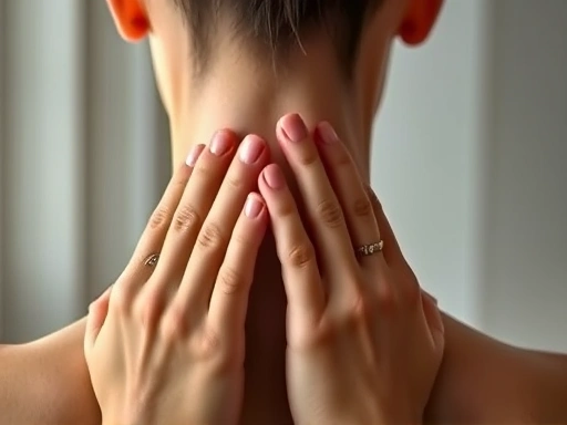 Close-up of hands gently stretching neck muscles after meditation, soft lighting, SEO: post-meditation relaxation.