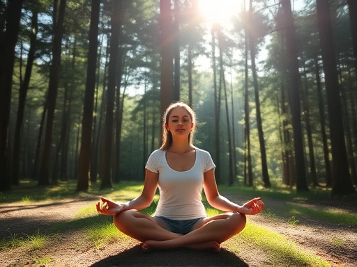 A serene person meditating in a peaceful forest, sunlight filtering through the trees, focus on breath.