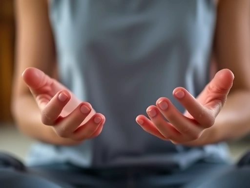 Close-up of a person's hands in a meditation pose, with soft lighting and blurred background, focus on calmness.