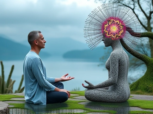 Detailed comparison of person meditating versus another person mind wandering, peaceful setting, calming colors.