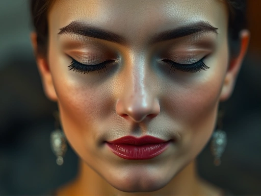 Close-up shot of peaceful face meditating, soft lighting, focus on serene expression, promoting relaxation.