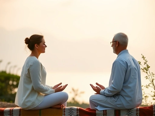 Detailed comparison of meditation and religion, serene environment, focus on inner peace, objective analysis.