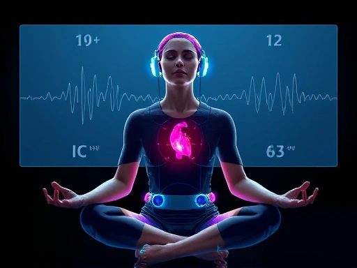 A person meditating calmly with futuristic wearable devices, showing brainwaves and heart rate on a transparent overlay, symbolizing biofeedback integration for inner peace.