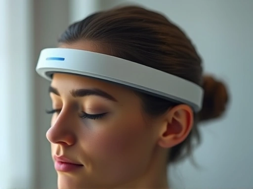 Close-up of a sleek, minimalist meditation wearable device (e.g., a head-mounted EEG sensor) emitting soft light, indicating real-time biofeedback data on a blurred background.