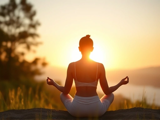A serene woman meditating at sunrise, surrounded by a peaceful natural setting, promoting mental wellness.