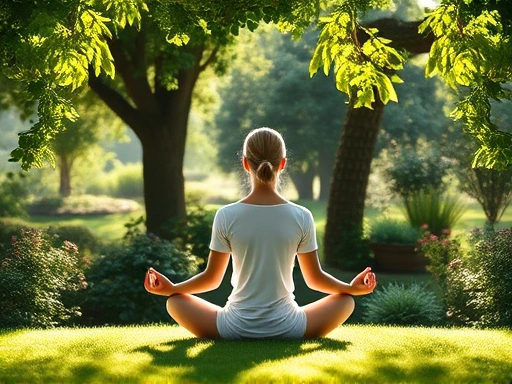 A serene person meditating in a peaceful garden, sunlight filtering through leaves, promoting relaxation and mental clarity.