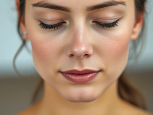 Close-up of a person's calm face during meditation, focusing on serene expression and peacefulness, emphasizing mental well-being.
