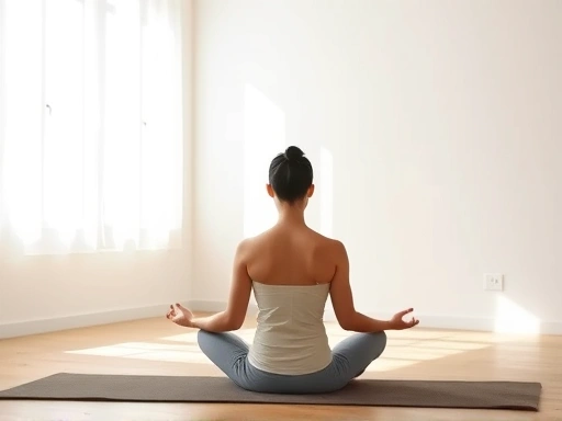 A person meditating in a peaceful, minimalist room, sitting on the floor without special equipment, with sunlight streaming in.
