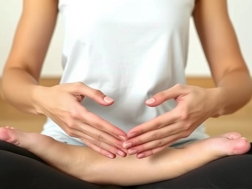 Close-up of a person's hands resting calmly on their lap during meditation, emphasizing the natural posture and sense of peace.