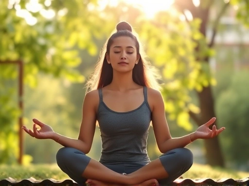 A serene person meditating outdoors, sunlight filtering through leaves, creating a peaceful atmosphere with mindfulness elements.