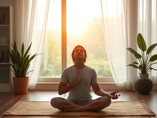 A person practicing deep breathing meditation in a peaceful environment to calm down from panic attack.
