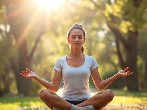 A serene person meditating outdoors, sunlight filtering through trees, promoting mindfulness and stress reduction.