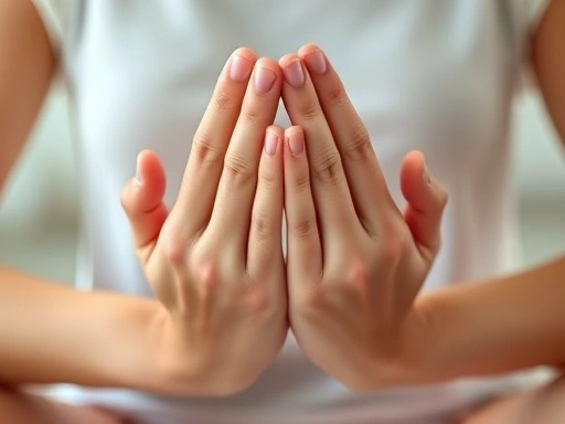 Close-up of hands in a gentle, relaxed pose during meditation, emphasizing peace and self-acceptance.