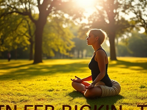A serene scene of a person meditating with their dog in a sunlit park, promoting calmness.