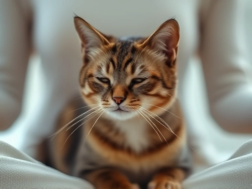 Close-up shot of a person gently stroking their cat during meditation, highlighting the bond and relaxation.