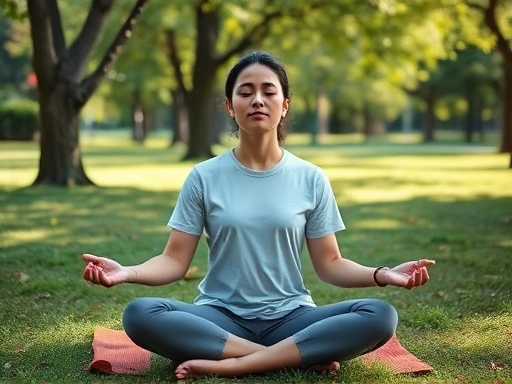 A serene individual practicing mindfulness meditation outdoors in a peaceful park setting, focusing on calming breath.
