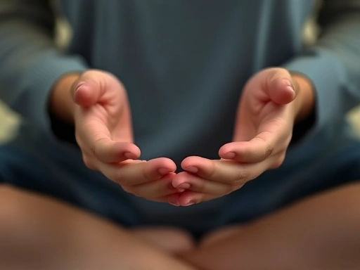 Close-up shot of hands gently resting in a meditative pose, symbolizing calm and inner peace in PTSD relief.